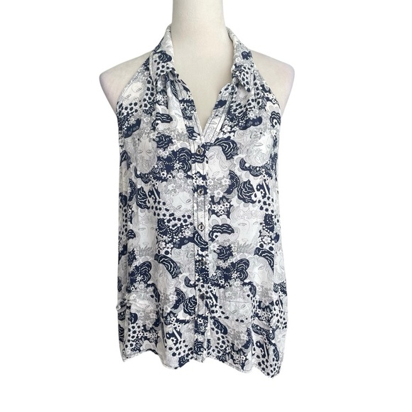 Maeve Anthropology Tesni Floral & Ink Face Halter Neck Top Blue White Women Sz 8 - Picture 2 of 6